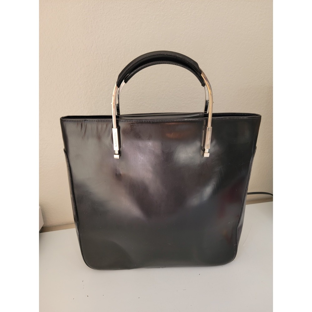 Lancel Paris Vintage Black Leather Tote Handbag SilverMetal Bar Handle Authentic
